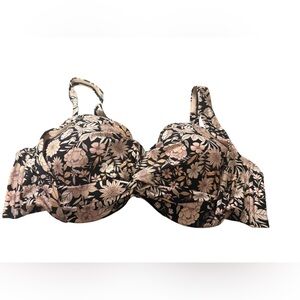 KONA SOL 22W black background with soft blush-pink & cream floral swim top EUC